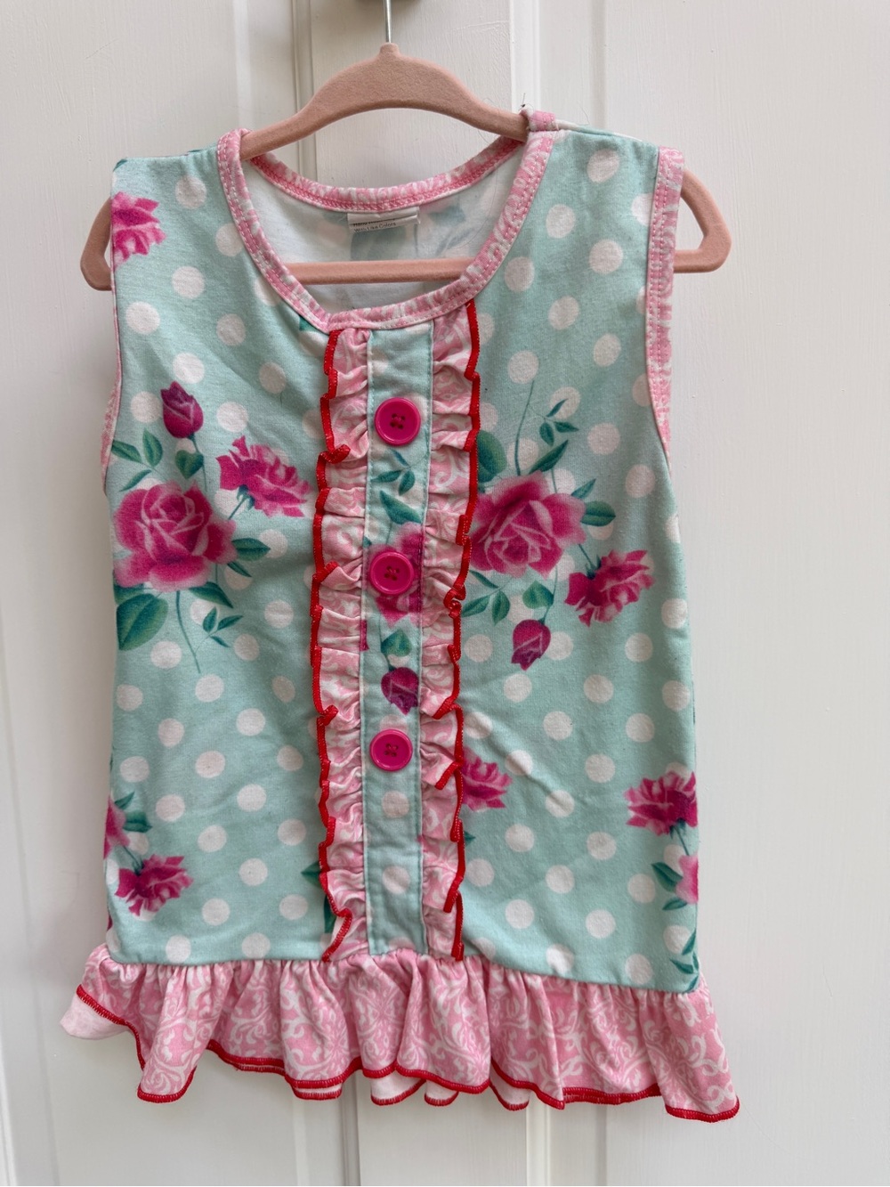 Blue & Pink Polka Dot Floral Ruffle Short Sleeve Blouse Top Shirt